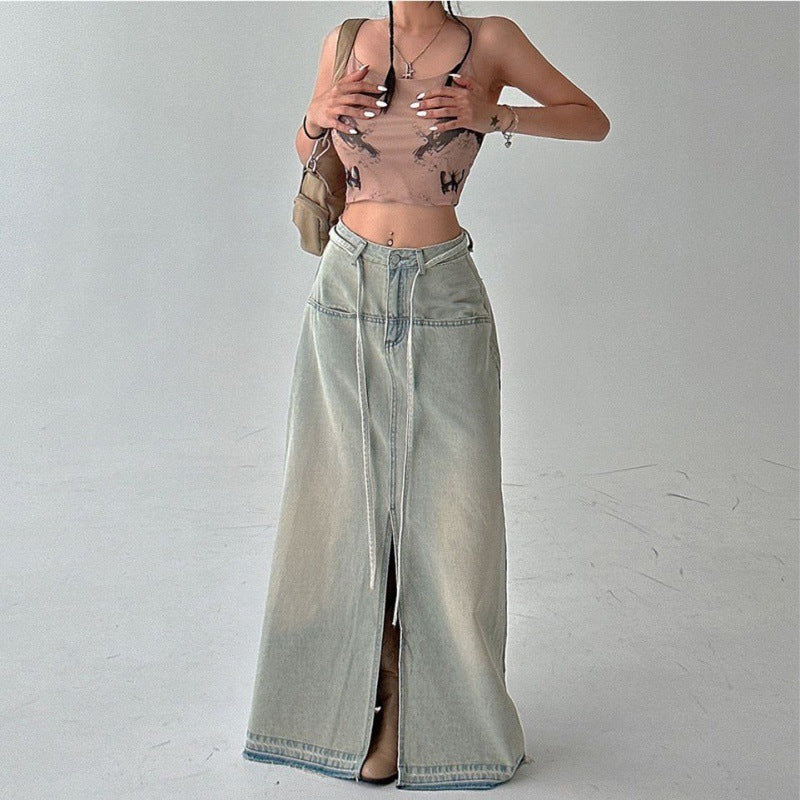 Stitching Design Lace-up Denim Skirt For Women