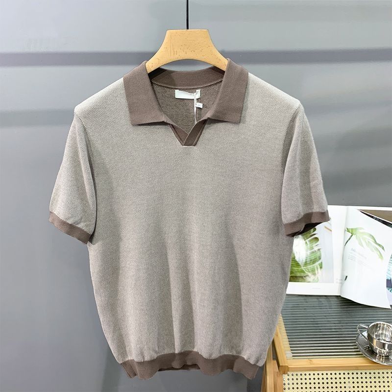 Men's Ice Silk Knitted Trendy Niche Contrast Color Lapels Short Sleeve