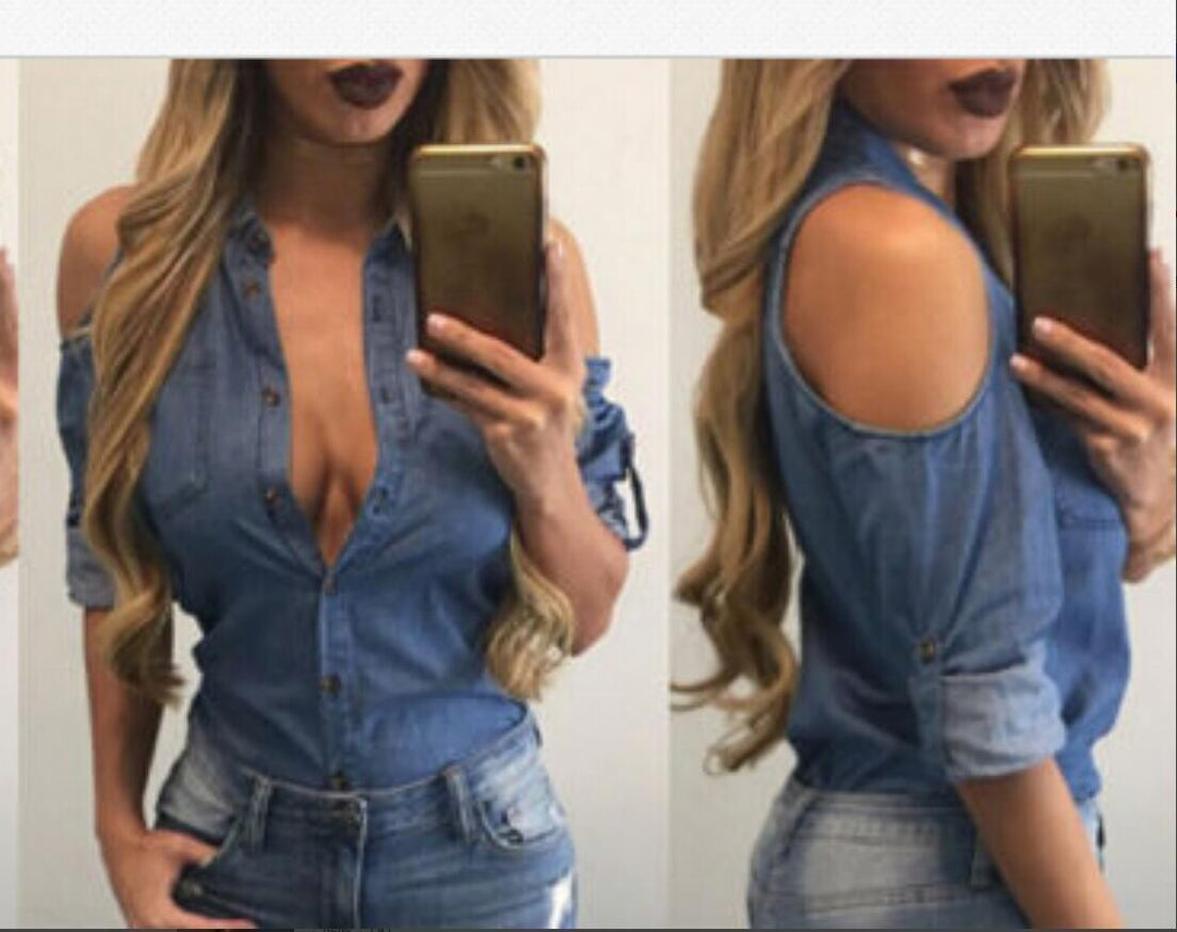 Spring Washed Denim Loose Off-shoulder Lapel Shirt Shirt Long Sleeve