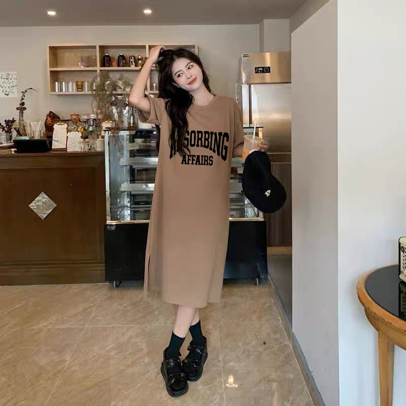 Women's Crew Neck Split Sheath Mid-length Short Sleeve Dress