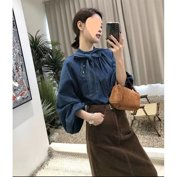 Women's Retro Casual Loose Collar Lace Up Denim Shirt