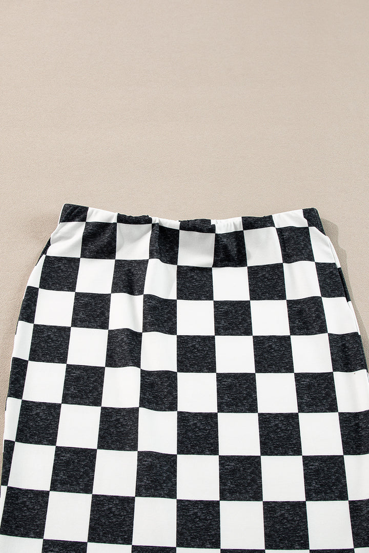 White Checkered Print Side Slit Slim Fit Midi Skirt