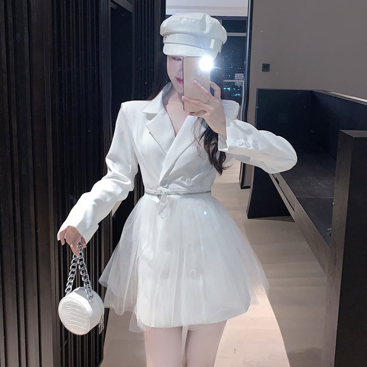 Women's Solid Color Mesh Long-sleeved Suit Dress