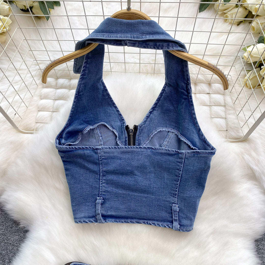 Women's Retro Slim Short Sleeveless Halter Denim Vest Two-piece Set