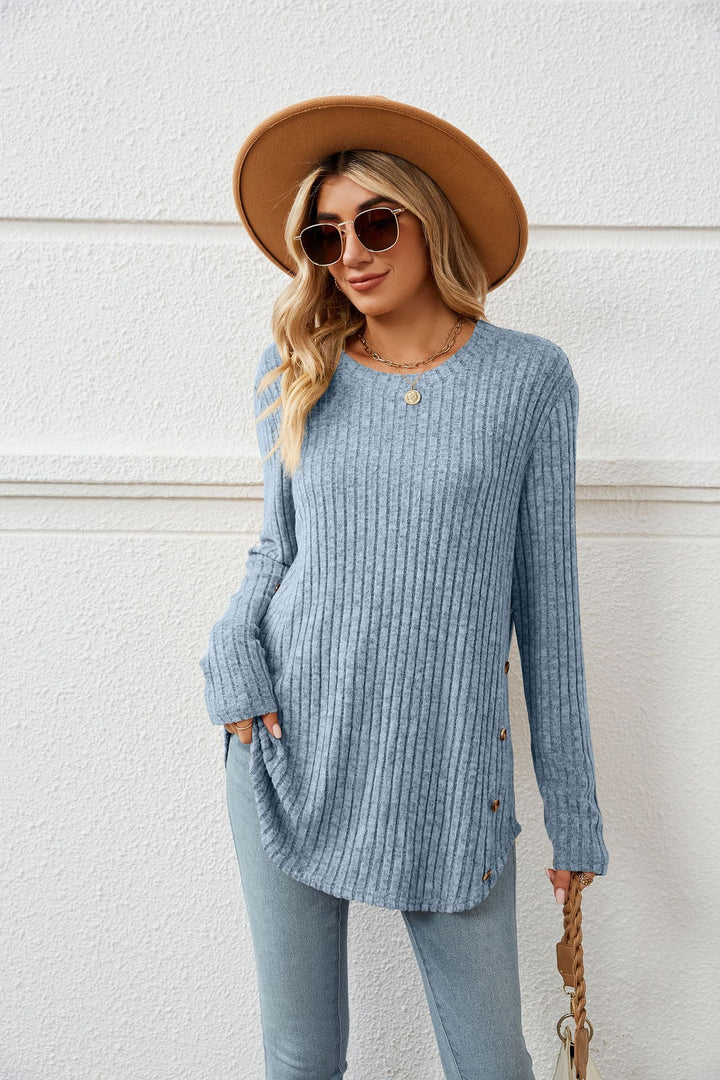 Autumn And Winter New Round Neck Long Sleeve Loose Button T-shirt Top For Women