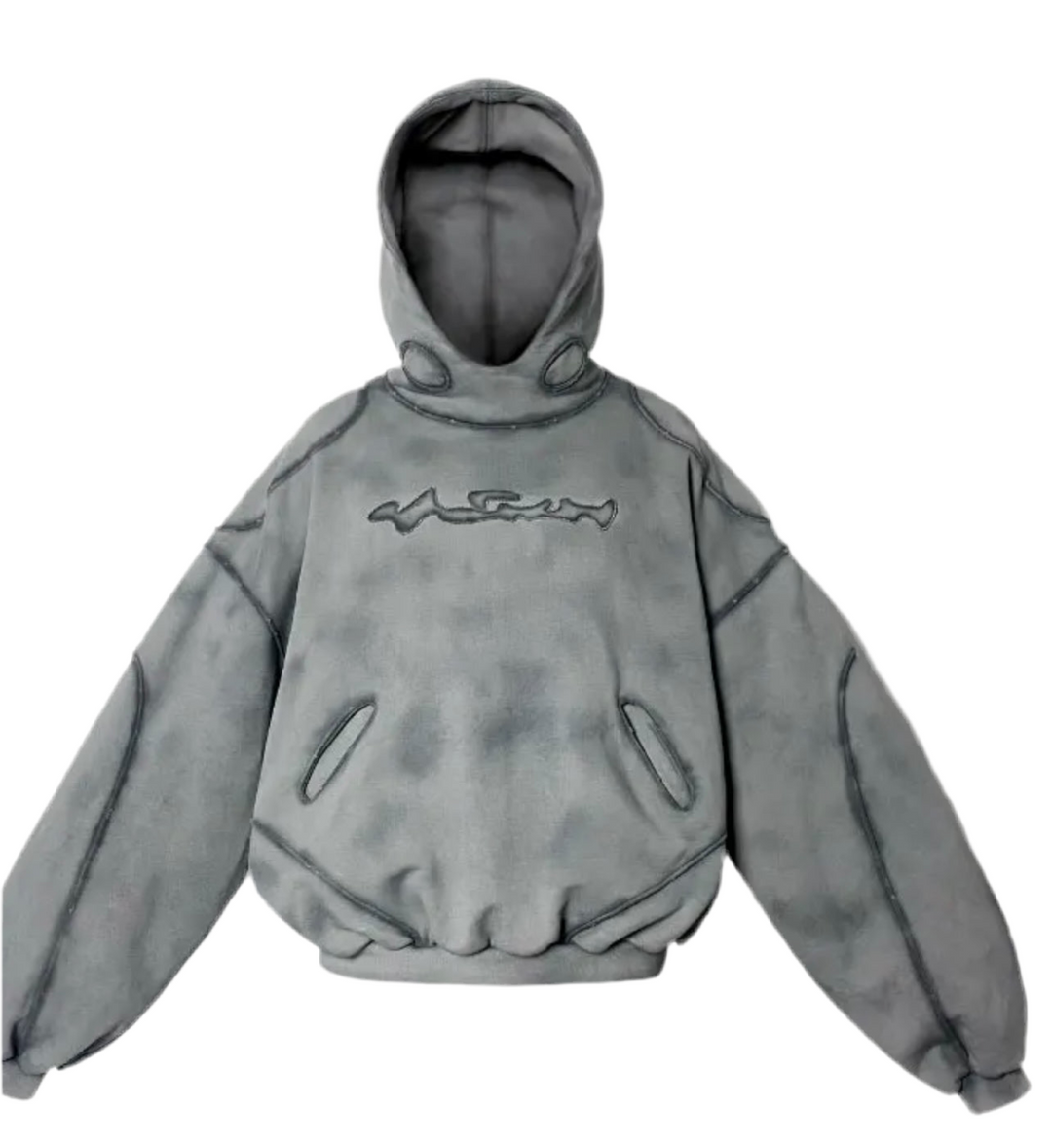 ACID WASH GRAY DROP SHOULDER HOODIE