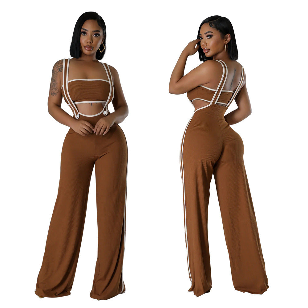 901259 European And American Women's Pit Strip Fashion Slim-fit Loose Strap Flared Pants Color-matching Tube Top Two-piece Wide-leg Pants