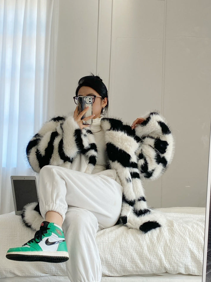 Women's Fashion Polo Collar Faux Fur Coat