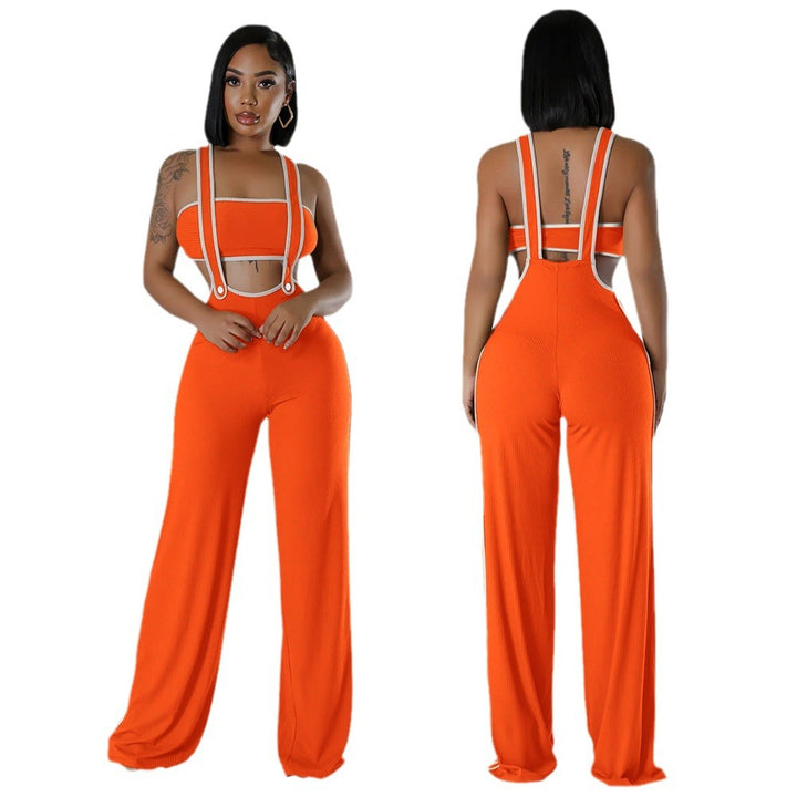 901259 European And American Women's Pit Strip Fashion Slim-fit Loose Strap Flared Pants Color-matching Tube Top Two-piece Wide-leg Pants