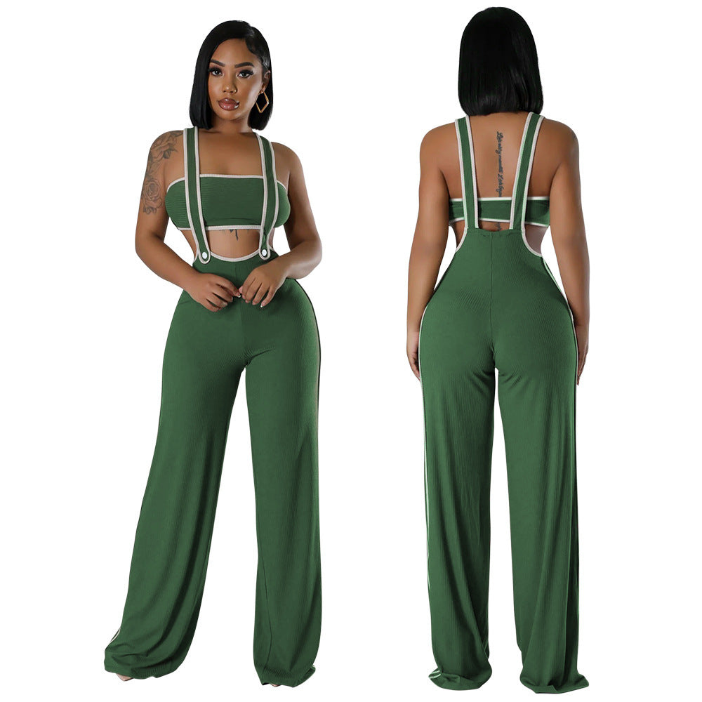 901259 European And American Women's Pit Strip Fashion Slim-fit Loose Strap Flared Pants Color-matching Tube Top Two-piece Wide-leg Pants