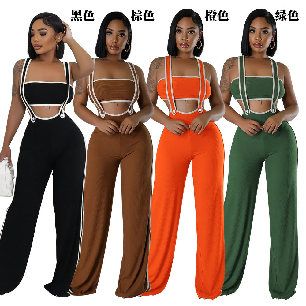 901259 European And American Women's Pit Strip Fashion Slim-fit Loose Strap Flared Pants Color-matching Tube Top Two-piece Wide-leg Pants