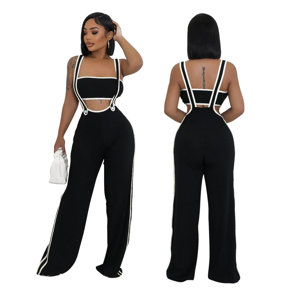 901259 European And American Women's Pit Strip Fashion Slim-fit Loose Strap Flared Pants Color-matching Tube Top Two-piece Wide-leg Pants