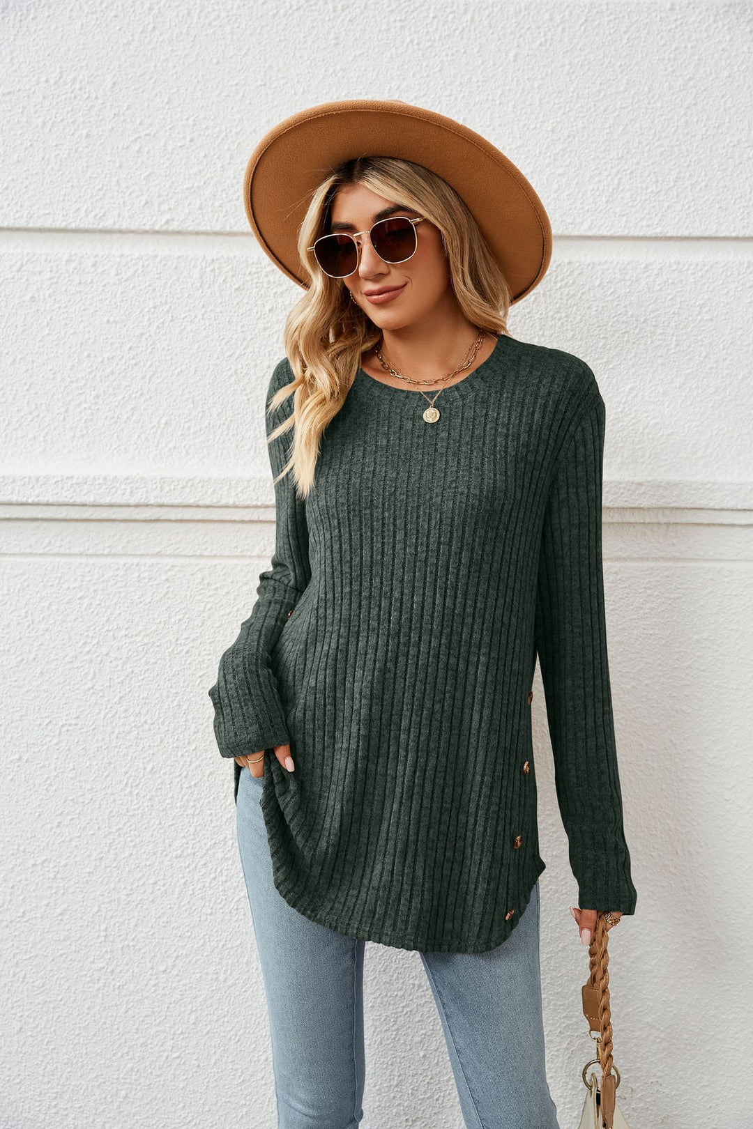 Autumn And Winter New Round Neck Long Sleeve Loose Button T-shirt Top For Women