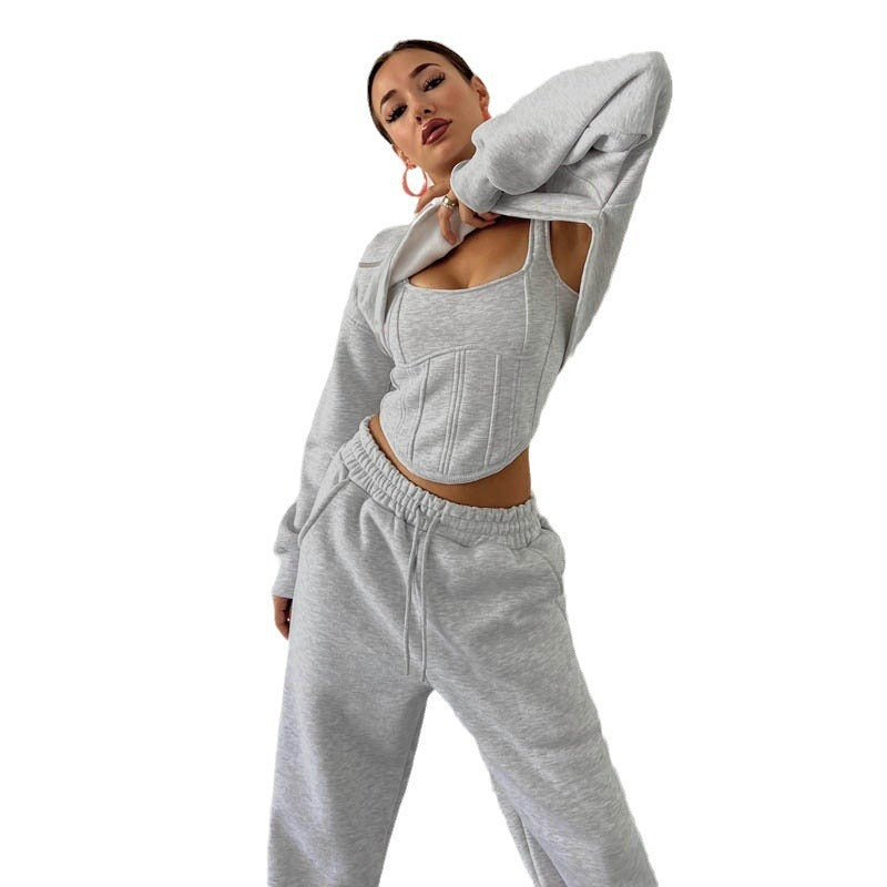 Gray Waist Hooded Short Sweater Ankle Banded Pants Three-piece Set