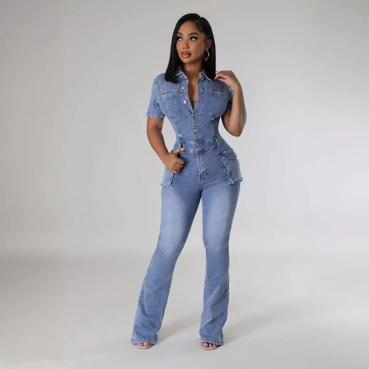 Denim Women's Washed Short-sleeved Jumpsuit