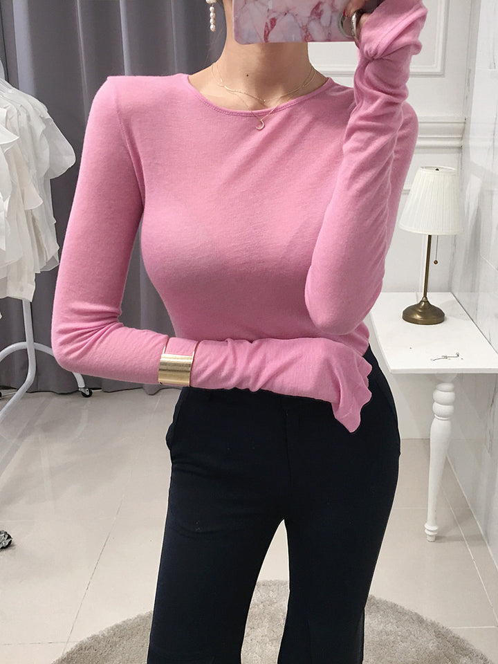 Slim Fit Slimming Round Neck Bottoming Shirt T-shirt Top For Women