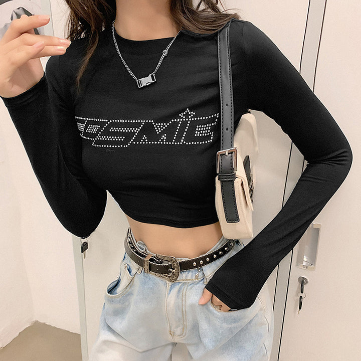 Fashion Women's Lettering Hot Diamond Long Sleeve Round Neck T-Shirt