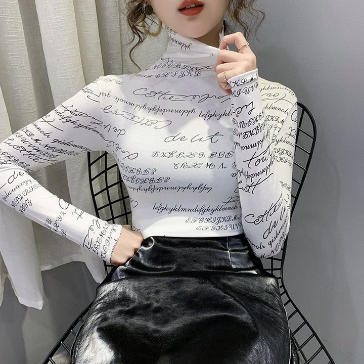 Fashion Letter Graffiti Printing Western Style Slim Slim High Neck Long Sleeve Top Bottoming Shirt