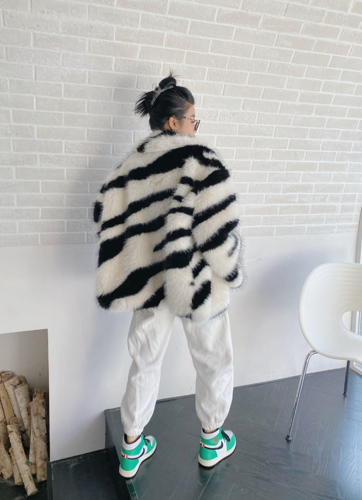 Women's Fashion Polo Collar Faux Fur Coat