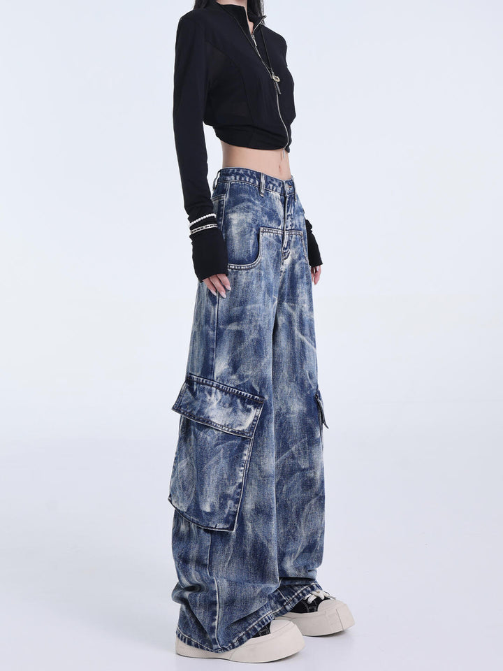 Retro Heavy Industry Washed Tie-dyed Jeans Straight Wide Leg Overalls