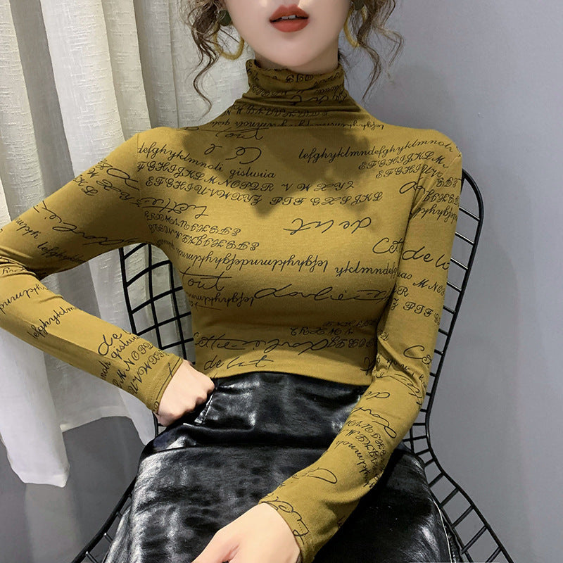 Fashion Letter Graffiti Printing Western Style Slim Slim High Neck Long Sleeve Top Bottoming Shirt