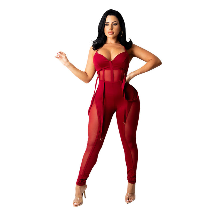 Women's Mesh See-through Suspender Jumpsuit Trousers