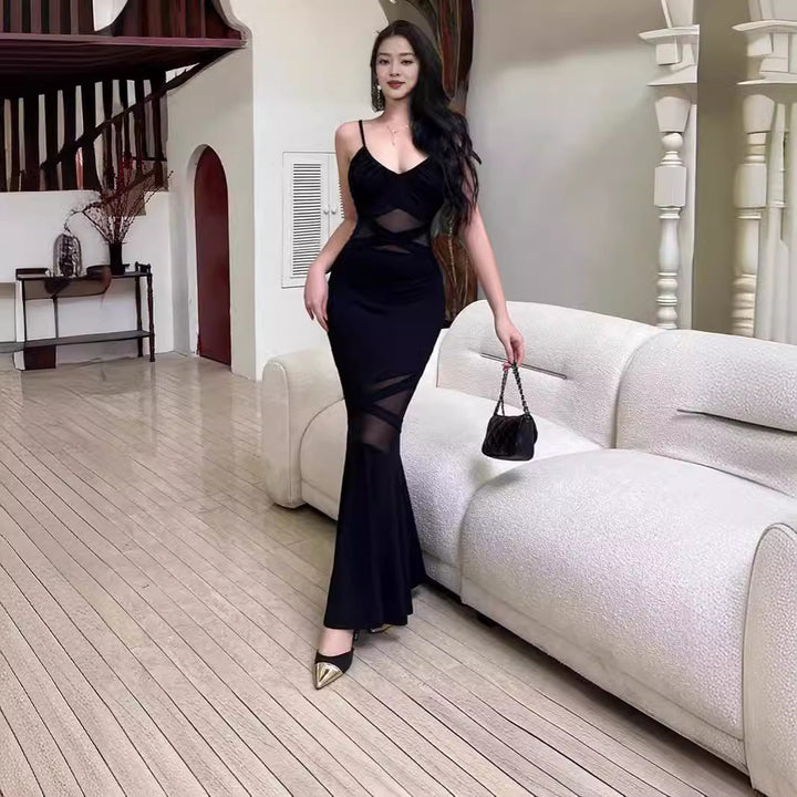 Fashion Stitching Mesh Fishtail Tight Waist Slimming Sheath Dress