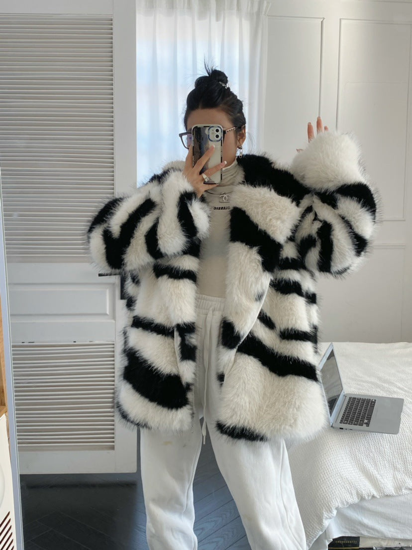 Women's Fashion Polo Collar Faux Fur Coat