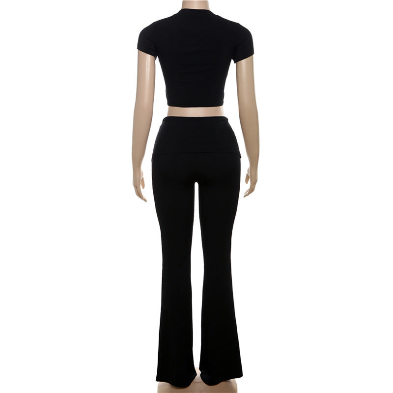 Slim Fit Crop-top Short Sleeve T-shirt High Waist Tight Casual Trousers Suit