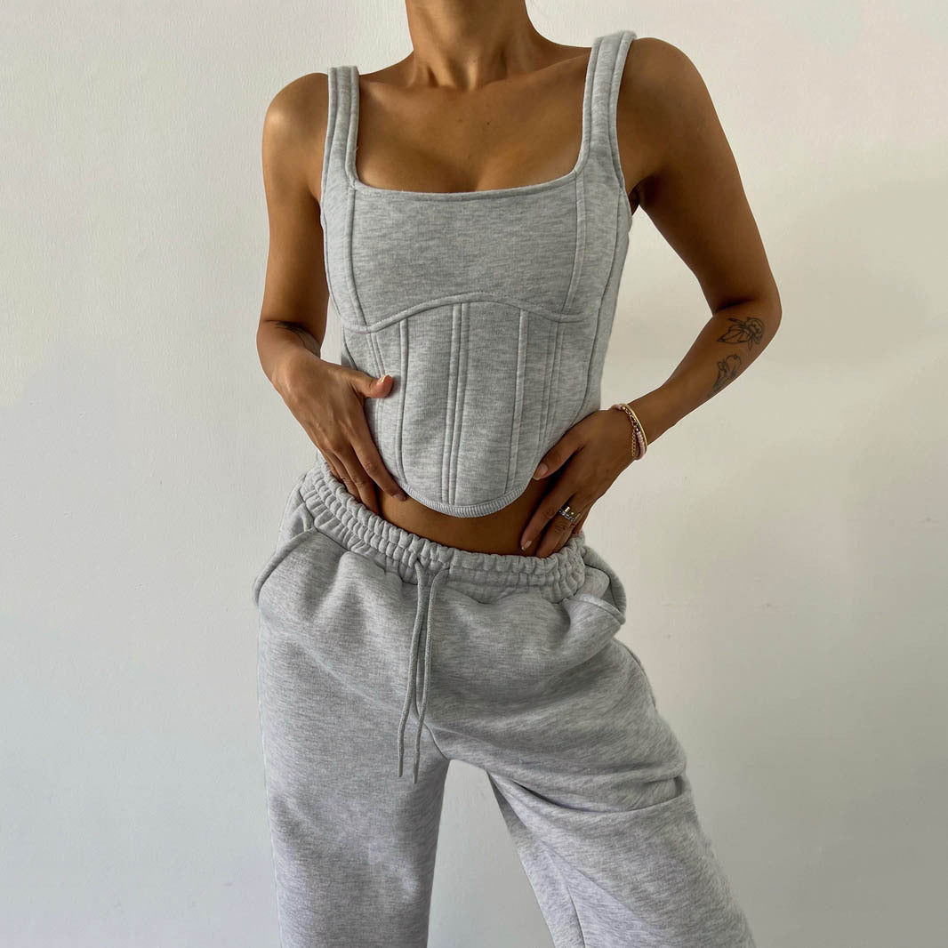 Gray Waist Hooded Short Sweater Ankle Banded Pants Three-piece Set