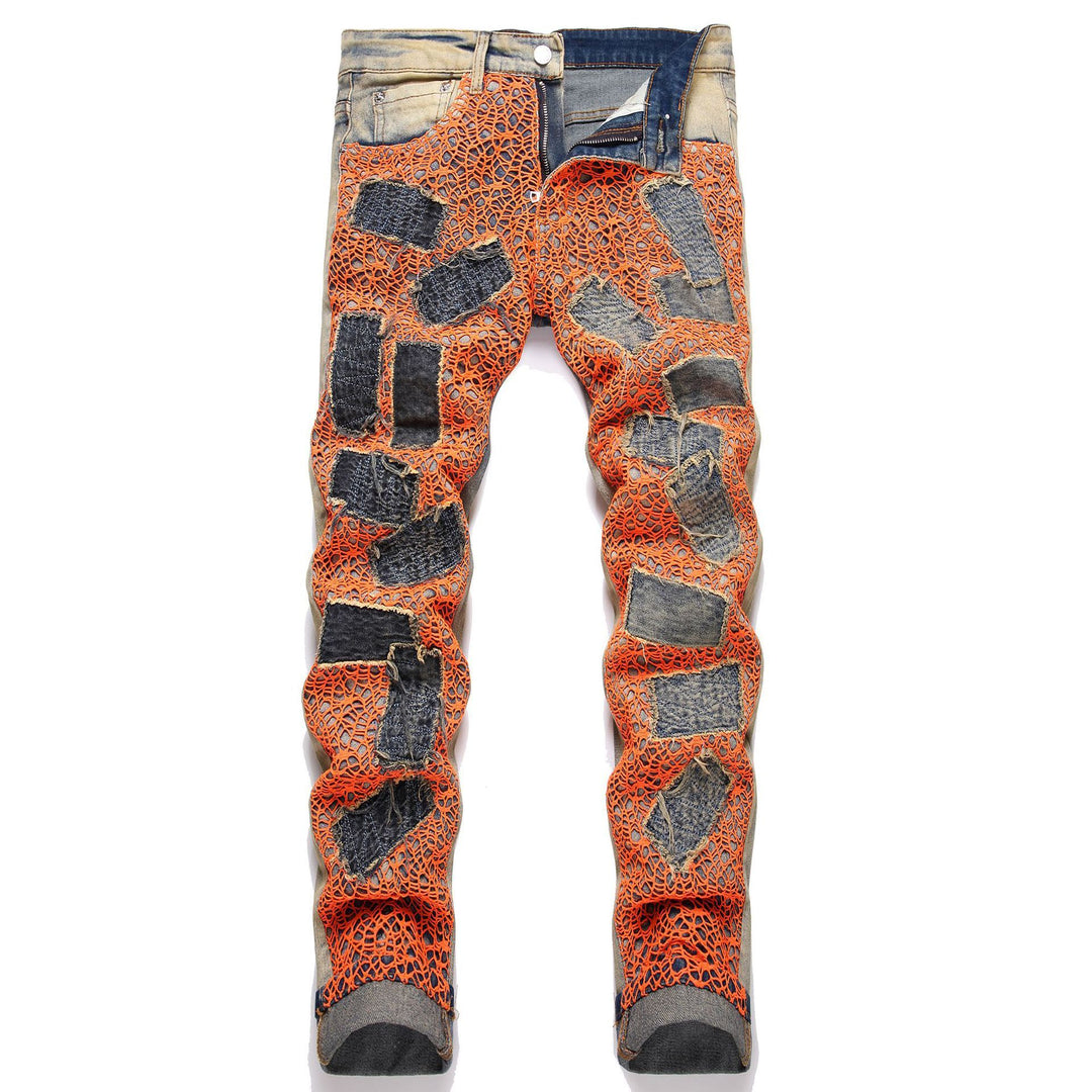 Summer New Orange Letter Embroidered Men's Jeans