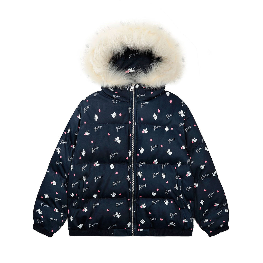 Winter New Cute Full Printed Fur Collar Hood Cotton Coat Jacket