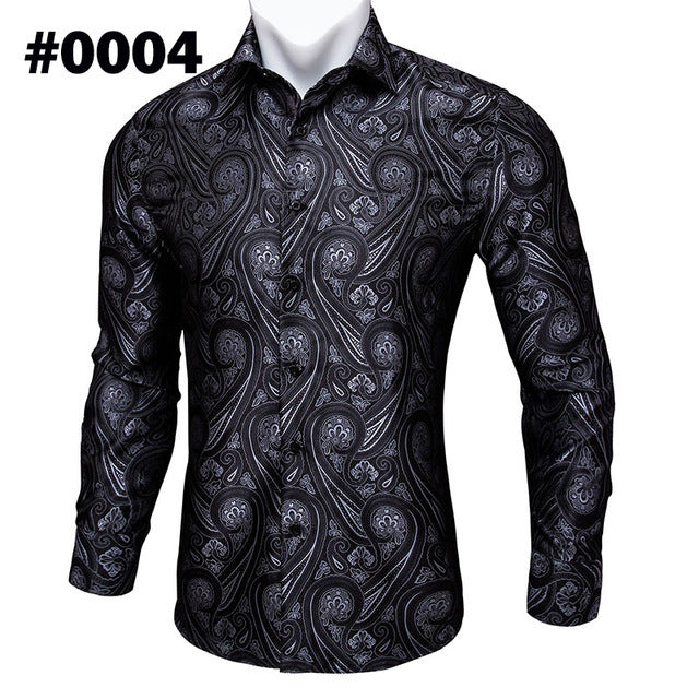 Barry.Wang Teal Paisley Floral Silk Shirts Men Autumn Long Sleeve Casual Flower Shirts For Men Designer Fit Dress Shirt BCY-05