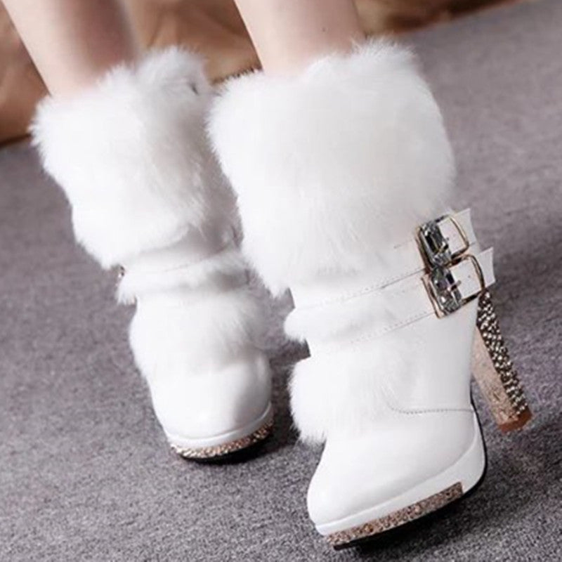 Martin Boots Women's Coarse Heel High Heel Middle Tube Fur One Piece Rhinestone