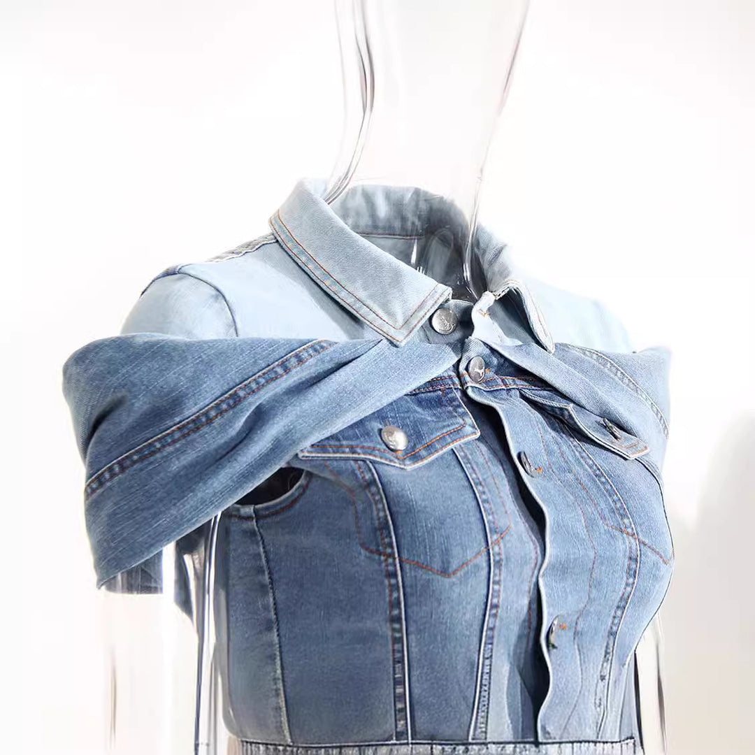 Sweet Cool Bandage Dress Shirt Slimming Denim Shirt