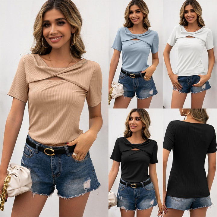 Solid Color Cutout Short-sleeved Slim-fit Pullover T-shirt