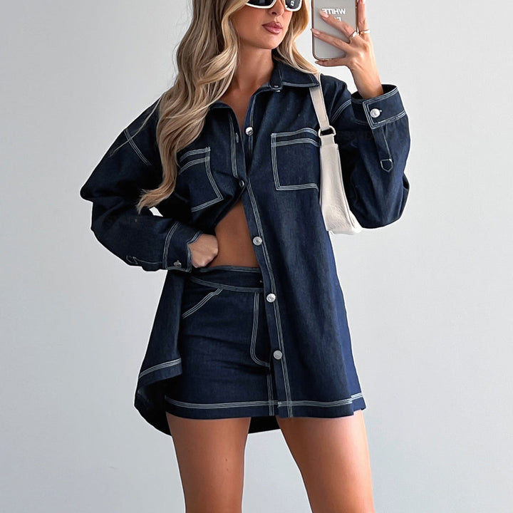 Retro Denim Shirt Jacket Women's Half-length Denim Short Skirt Casual Two-piece Suit