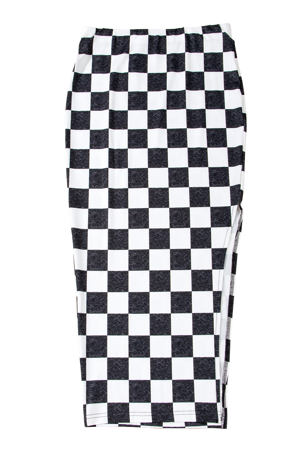 White Checkered Print Side Slit Slim Fit Midi Skirt