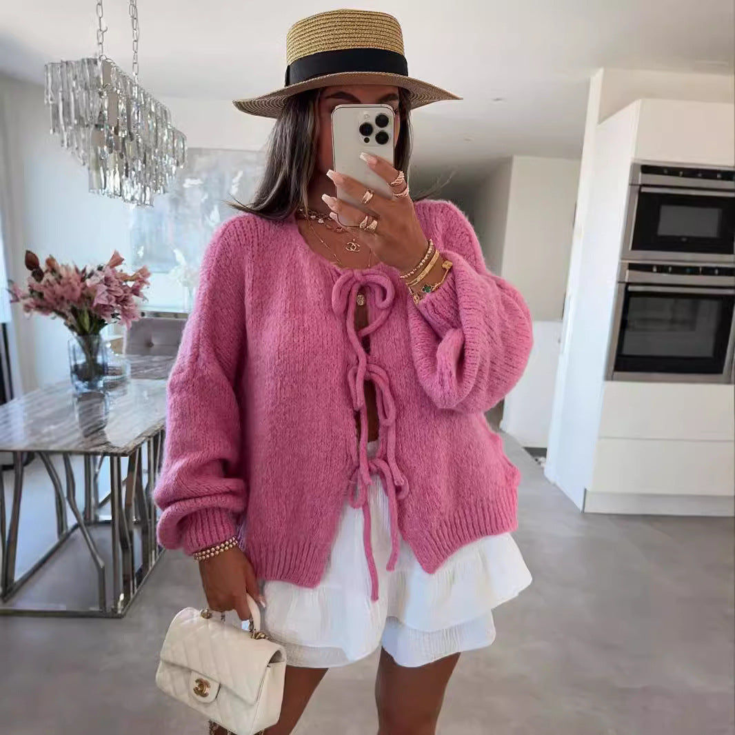 2024 Casual Knitted Bow Lace Up Cardigan Women Solid O-neck Short Sleeve Hollow Out Sweater Female Autumn Lady Solid Streetwear