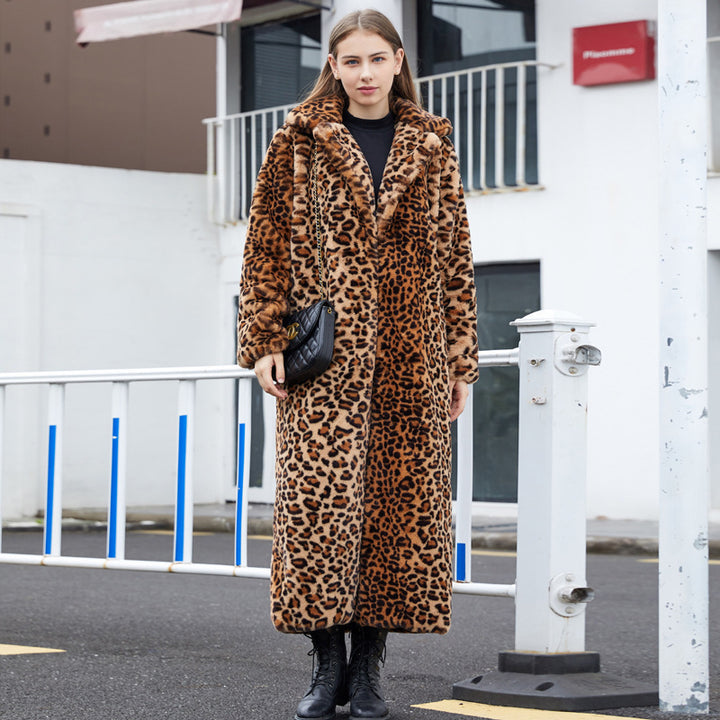 Faux Fur Leopard Print Rabbit Fur Super Long Suit Collar Fur Coat