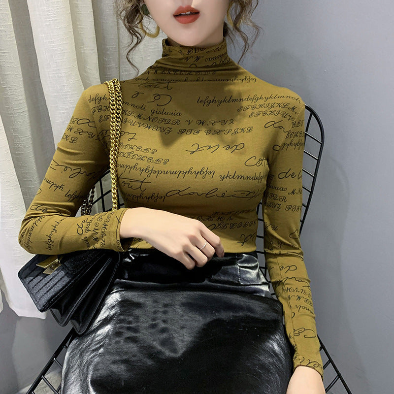 Fashion Letter Graffiti Printing Western Style Slim Slim High Neck Long Sleeve Top Bottoming Shirt