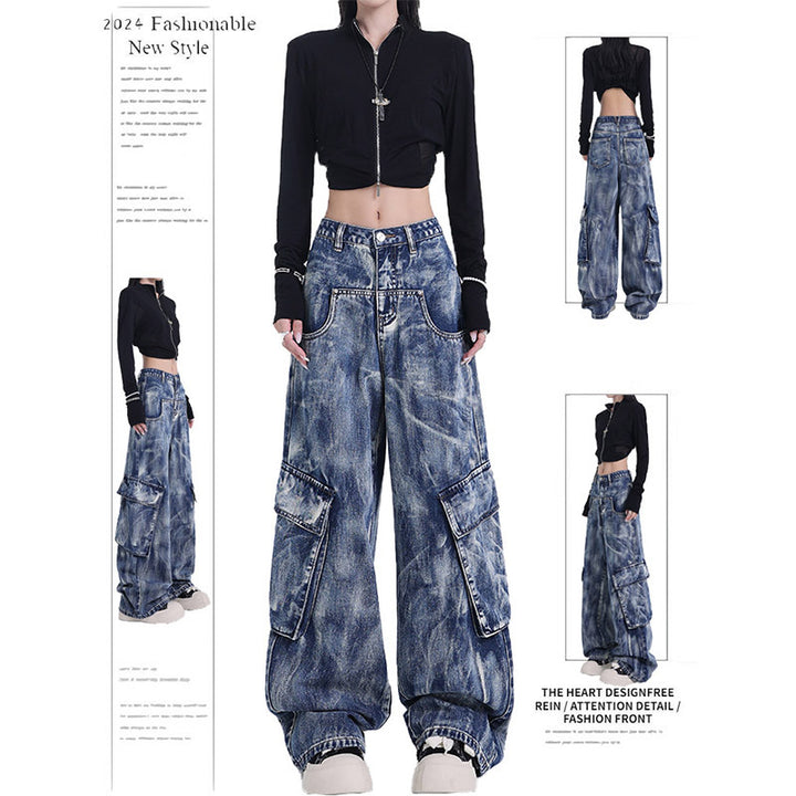 Retro Heavy Industry Washed Tie-dyed Jeans Straight Wide Leg Overalls