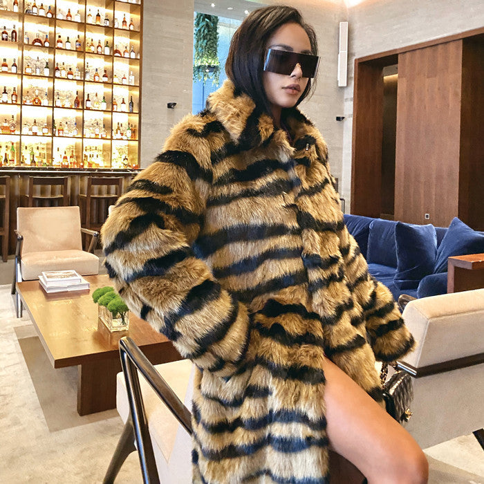 Faux Fur Coat With Tiger Pattern Fur And Long Artificial Hair