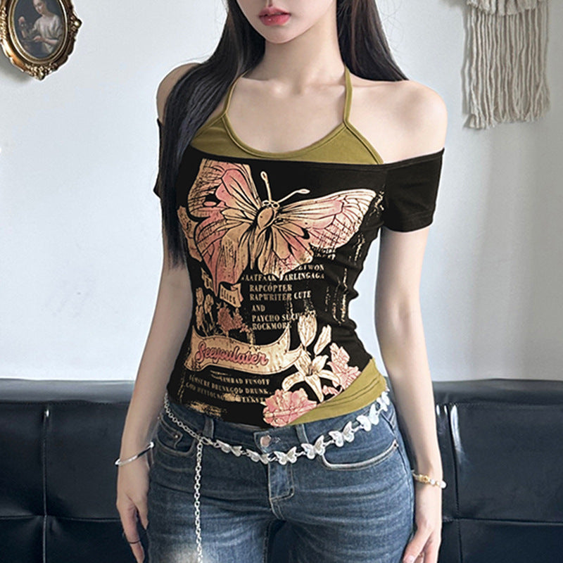 Women's Butterfly Print Off-shoulder Short T-shirt