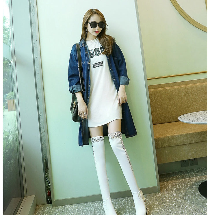 Fashion Lace Hollow Thick Heel Over-the-knee Boots