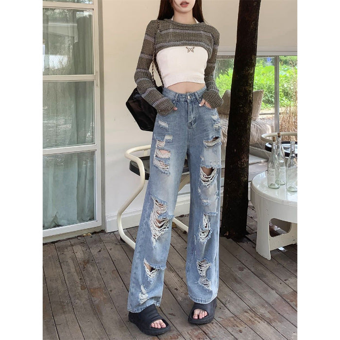 Women's High Street Straight Ripped Jeans