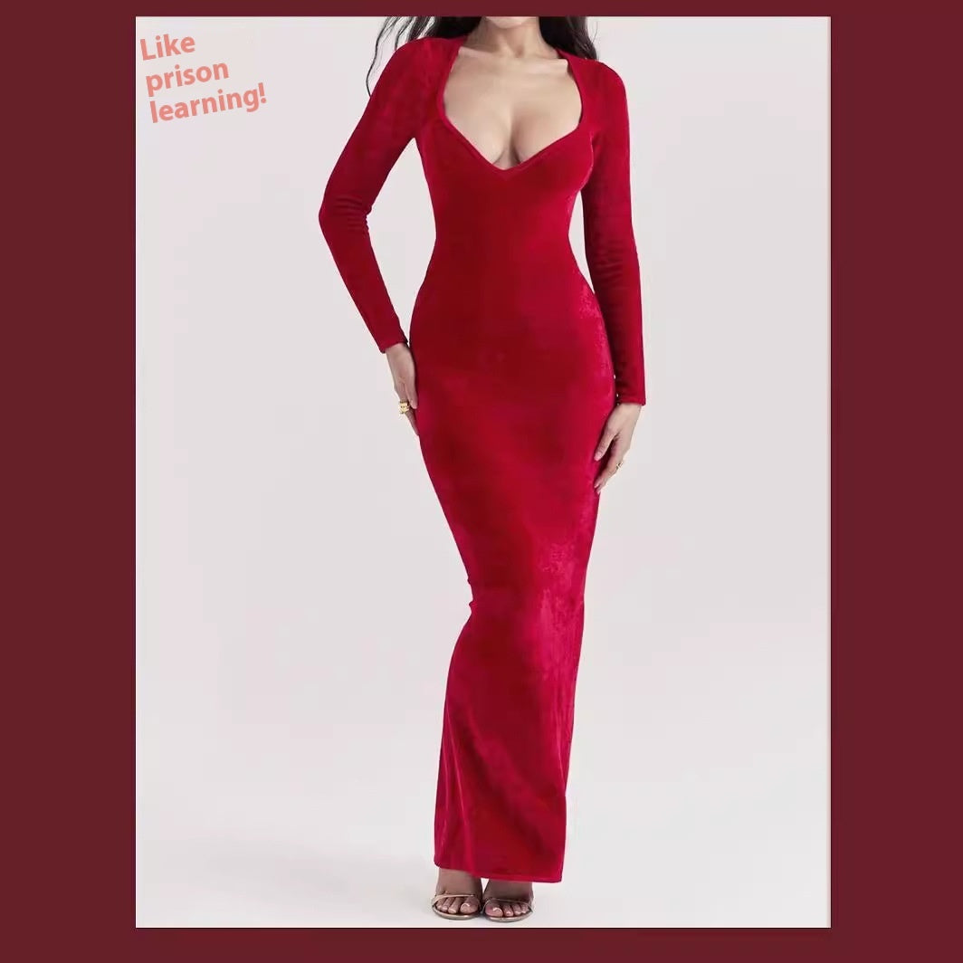 Red Plush Long-sleeved Slimming Evening Dress