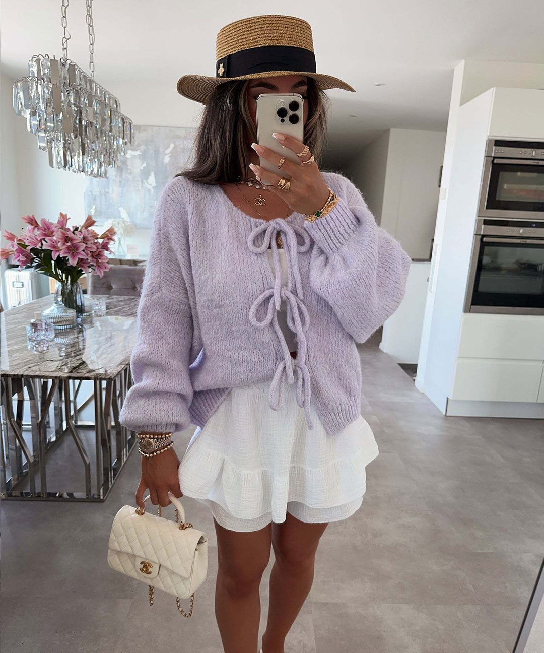 2024 Casual Knitted Bow Lace Up Cardigan Women Solid O-neck Short Sleeve Hollow Out Sweater Female Autumn Lady Solid Streetwear