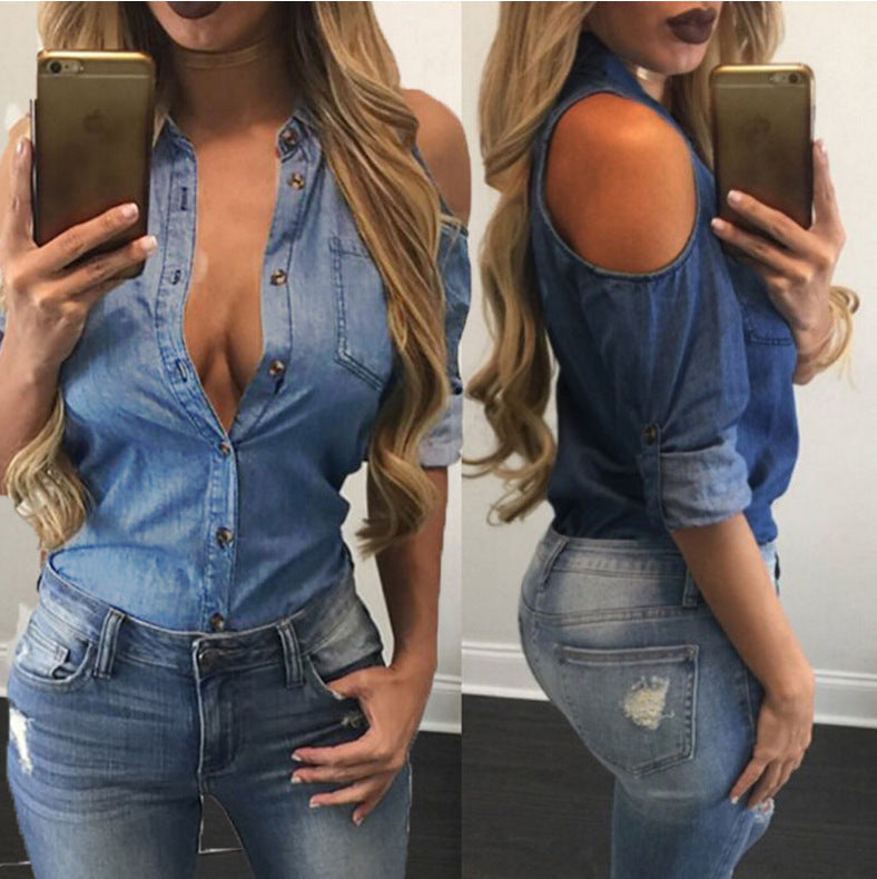 Spring Washed Denim Loose Off-shoulder Lapel Shirt Shirt Long Sleeve