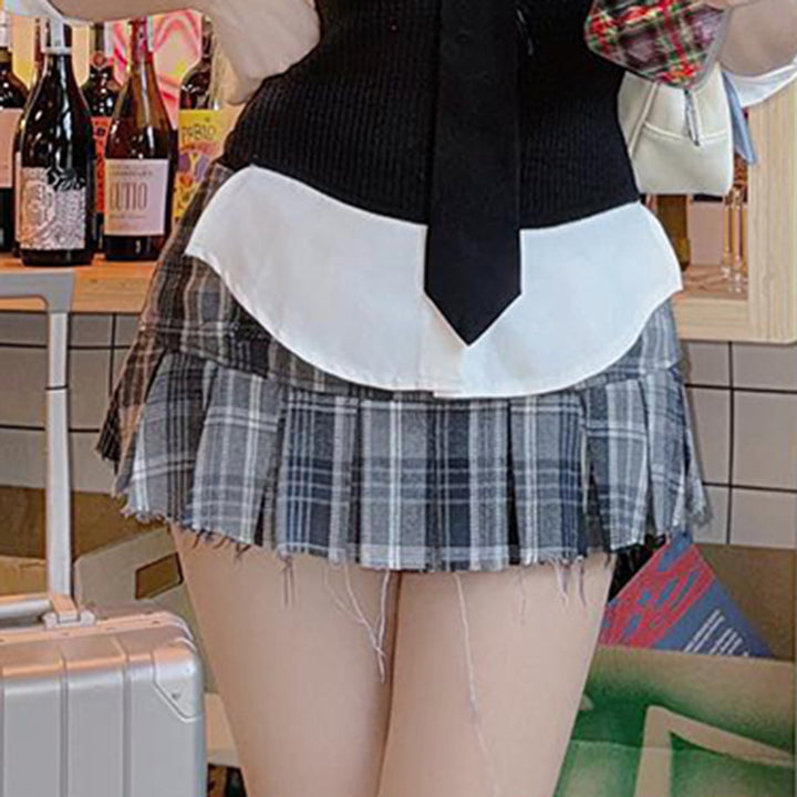 Autumn And Winter New Preppy Style Tie Polo Collar Top Short Skirt Slimming Women